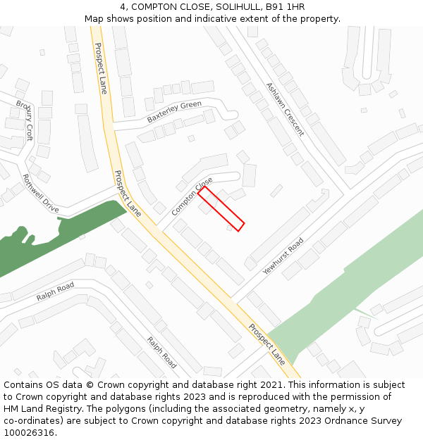 4, COMPTON CLOSE, SOLIHULL, B91 1HR: Location map and indicative extent of plot