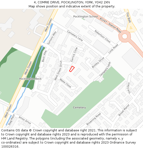 4, COMRIE DRIVE, POCKLINGTON, YORK, YO42 2XN: Location map and indicative extent of plot