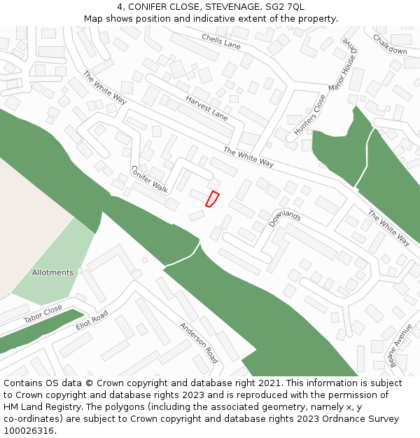 4, CONIFER CLOSE, STEVENAGE, SG2 7QL: Location map and indicative extent of plot
