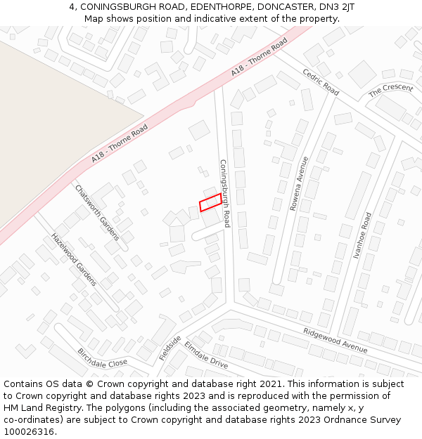 4, CONINGSBURGH ROAD, EDENTHORPE, DONCASTER, DN3 2JT: Location map and indicative extent of plot