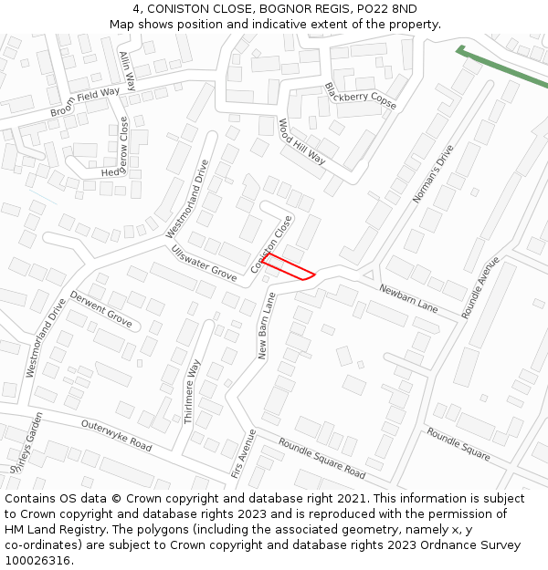 4, CONISTON CLOSE, BOGNOR REGIS, PO22 8ND: Location map and indicative extent of plot