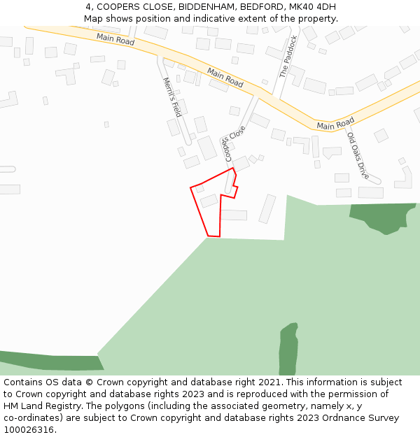 4, COOPERS CLOSE, BIDDENHAM, BEDFORD, MK40 4DH: Location map and indicative extent of plot