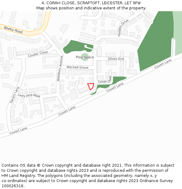 4, CORAH CLOSE, SCRAPTOFT, LEICESTER, LE7 9FW: Location map and indicative extent of plot