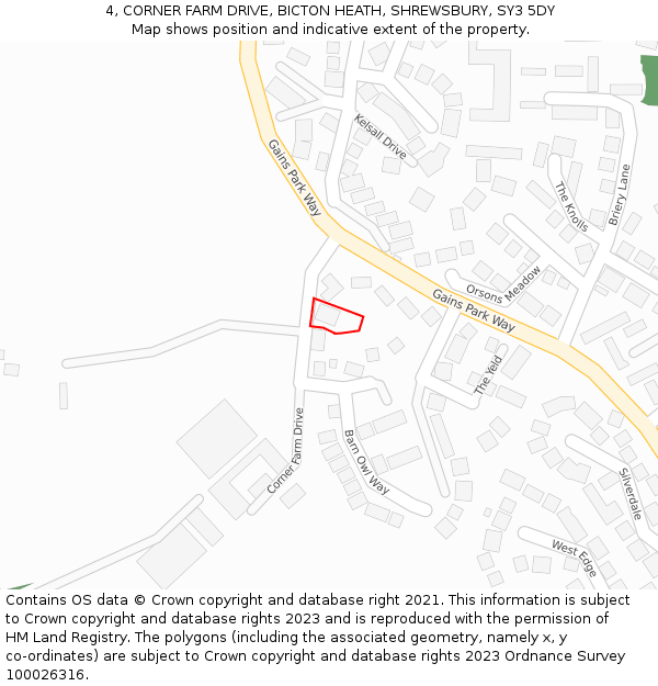 4, CORNER FARM DRIVE, BICTON HEATH, SHREWSBURY, SY3 5DY: Location map and indicative extent of plot