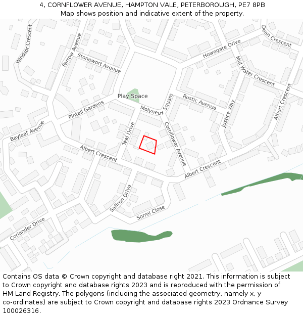 4, CORNFLOWER AVENUE, HAMPTON VALE, PETERBOROUGH, PE7 8PB: Location map and indicative extent of plot