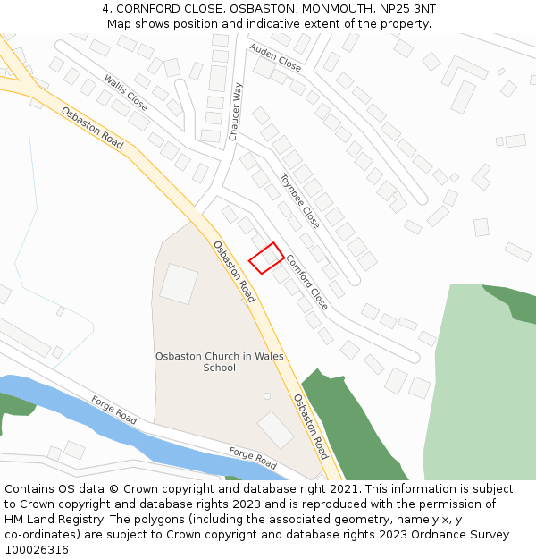 4, CORNFORD CLOSE, OSBASTON, MONMOUTH, NP25 3NT: Location map and indicative extent of plot