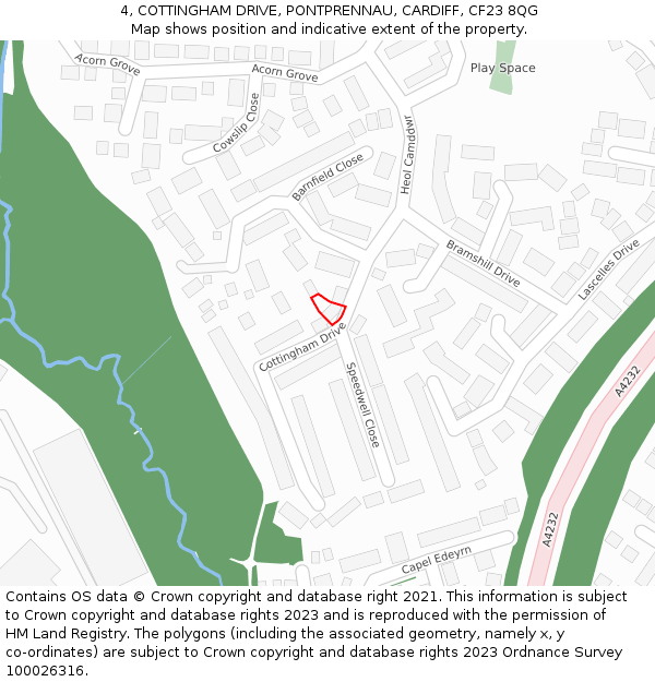 4, COTTINGHAM DRIVE, PONTPRENNAU, CARDIFF, CF23 8QG: Location map and indicative extent of plot