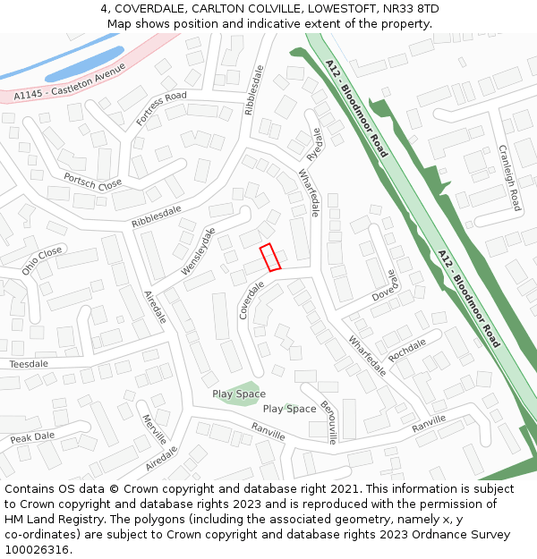 4, COVERDALE, CARLTON COLVILLE, LOWESTOFT, NR33 8TD: Location map and indicative extent of plot