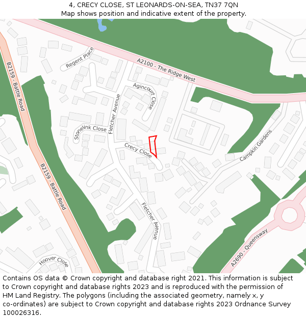 4, CRECY CLOSE, ST LEONARDS-ON-SEA, TN37 7QN: Location map and indicative extent of plot