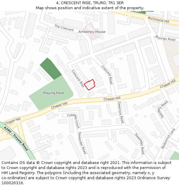 4, CRESCENT RISE, TRURO, TR1 3ER: Location map and indicative extent of plot