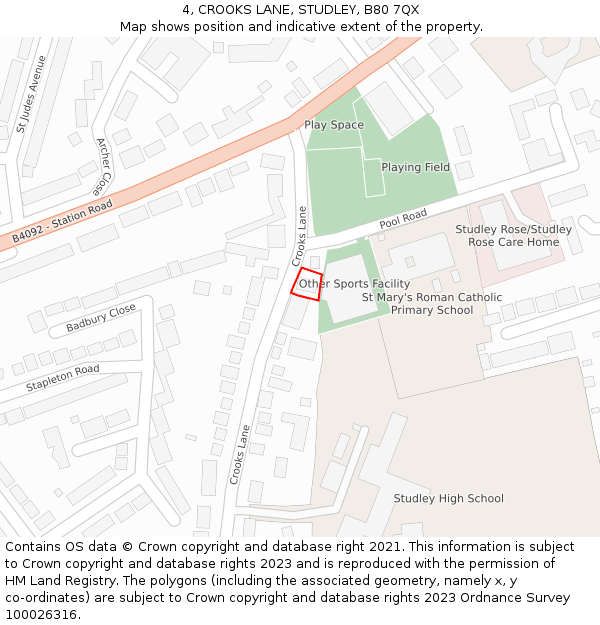 4, CROOKS LANE, STUDLEY, B80 7QX: Location map and indicative extent of plot