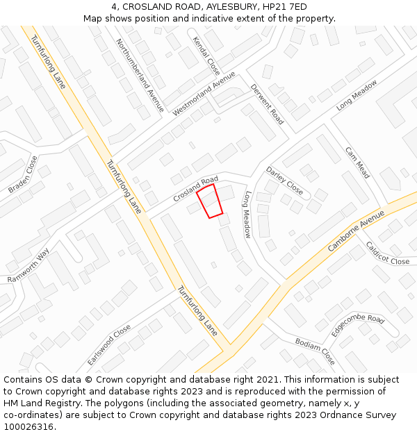 4, CROSLAND ROAD, AYLESBURY, HP21 7ED: Location map and indicative extent of plot