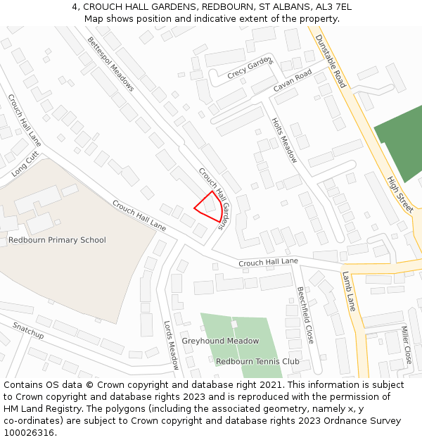 4, CROUCH HALL GARDENS, REDBOURN, ST ALBANS, AL3 7EL: Location map and indicative extent of plot