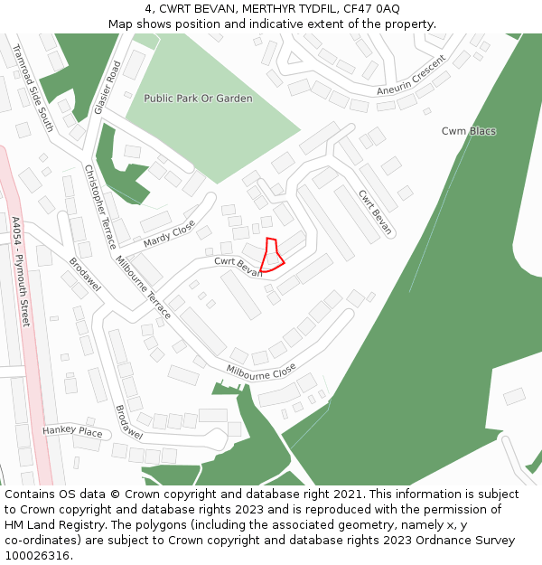 4, CWRT BEVAN, MERTHYR TYDFIL, CF47 0AQ: Location map and indicative extent of plot