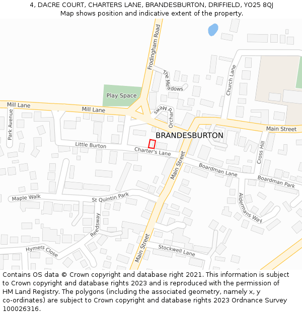 4, DACRE COURT, CHARTERS LANE, BRANDESBURTON, DRIFFIELD, YO25 8QJ: Location map and indicative extent of plot