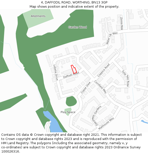 4, DAFFODIL ROAD, WORTHING, BN13 3GP: Location map and indicative extent of plot