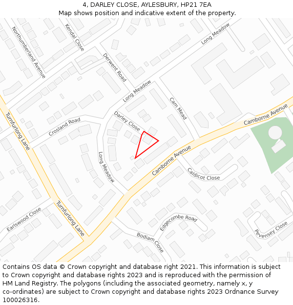 4, DARLEY CLOSE, AYLESBURY, HP21 7EA: Location map and indicative extent of plot