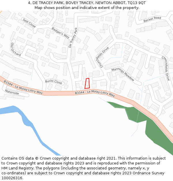 4, DE TRACEY PARK, BOVEY TRACEY, NEWTON ABBOT, TQ13 9QT: Location map and indicative extent of plot