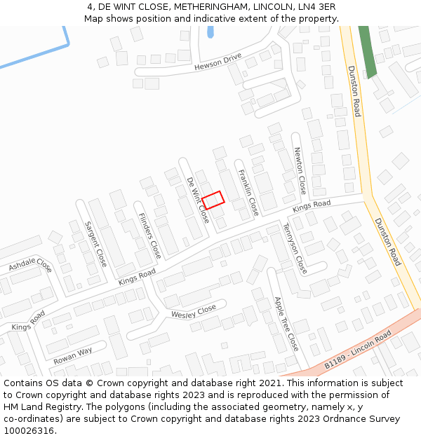 4, DE WINT CLOSE, METHERINGHAM, LINCOLN, LN4 3ER: Location map and indicative extent of plot