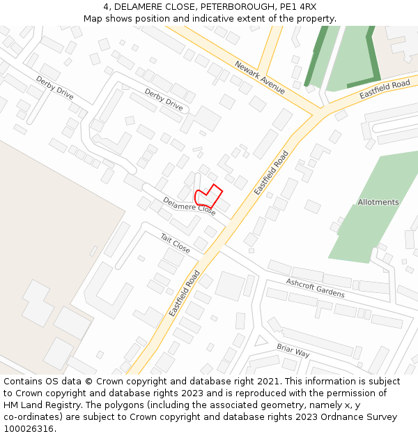 4, DELAMERE CLOSE, PETERBOROUGH, PE1 4RX: Location map and indicative extent of plot