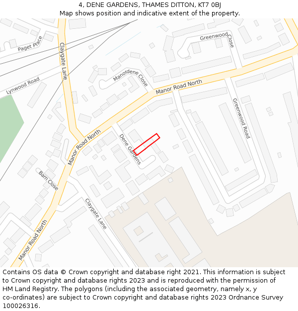 4, DENE GARDENS, THAMES DITTON, KT7 0BJ: Location map and indicative extent of plot