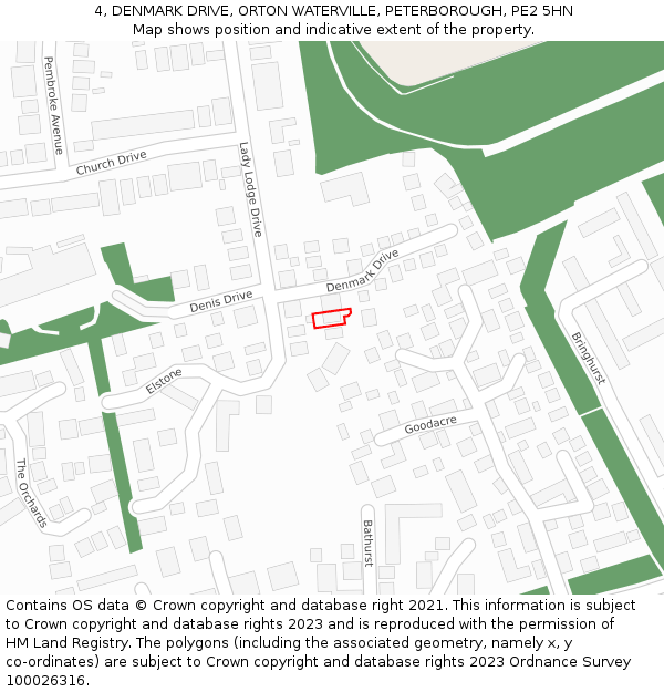 4, DENMARK DRIVE, ORTON WATERVILLE, PETERBOROUGH, PE2 5HN: Location map and indicative extent of plot