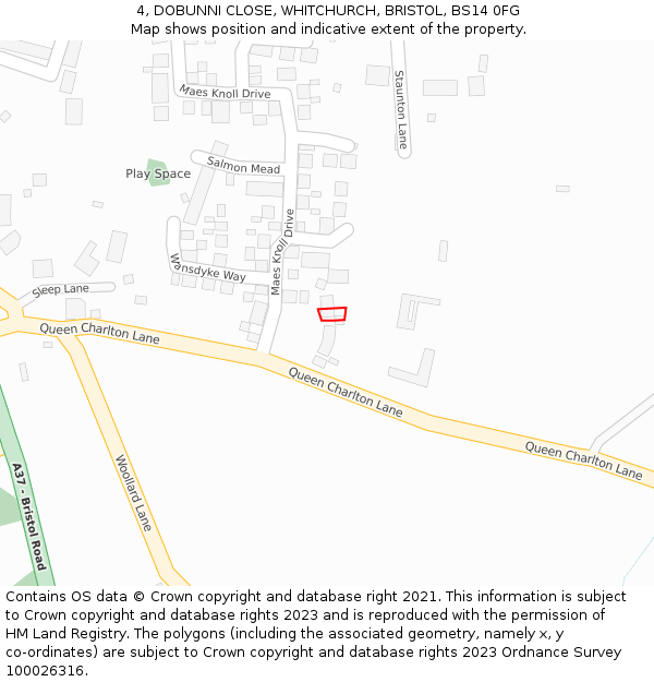 4, DOBUNNI CLOSE, WHITCHURCH, BRISTOL, BS14 0FG: Location map and indicative extent of plot