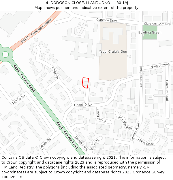 4, DODGSON CLOSE, LLANDUDNO, LL30 1AJ: Location map and indicative extent of plot