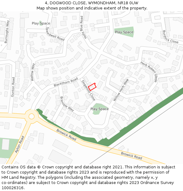 4, DOGWOOD CLOSE, WYMONDHAM, NR18 0UW: Location map and indicative extent of plot
