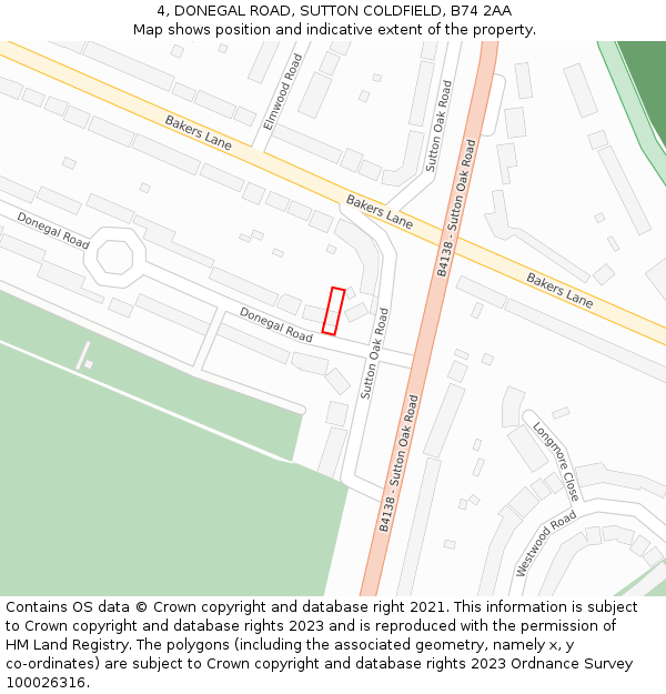 4, DONEGAL ROAD, SUTTON COLDFIELD, B74 2AA: Location map and indicative extent of plot
