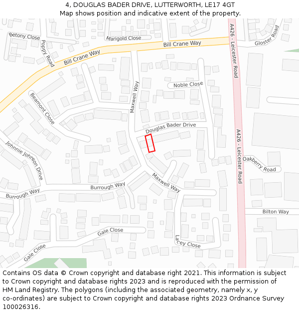 4, DOUGLAS BADER DRIVE, LUTTERWORTH, LE17 4GT: Location map and indicative extent of plot