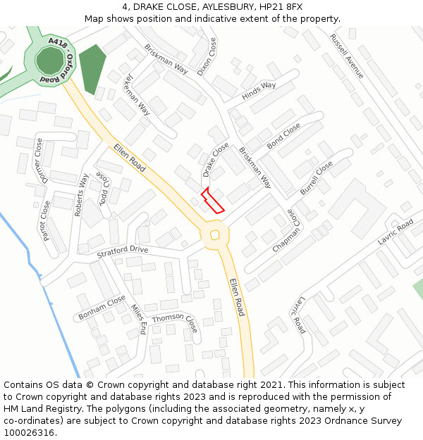 4, DRAKE CLOSE, AYLESBURY, HP21 8FX: Location map and indicative extent of plot