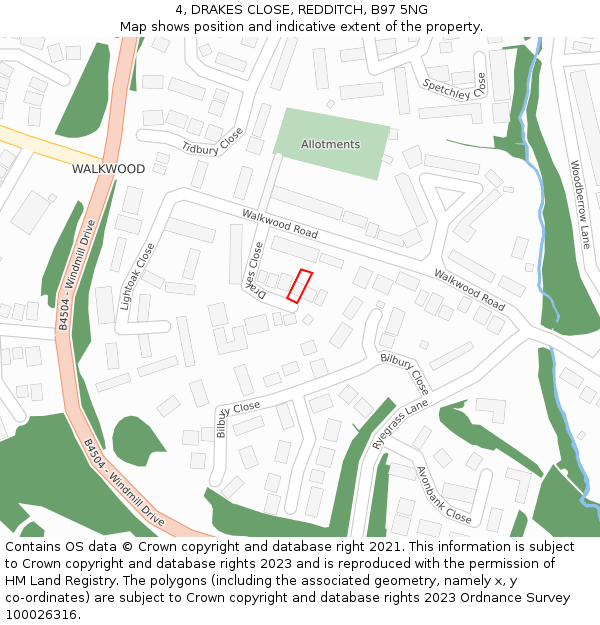 4, DRAKES CLOSE, REDDITCH, B97 5NG: Location map and indicative extent of plot