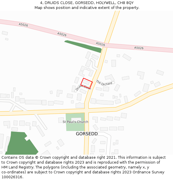 4, DRUIDS CLOSE, GORSEDD, HOLYWELL, CH8 8QY: Location map and indicative extent of plot