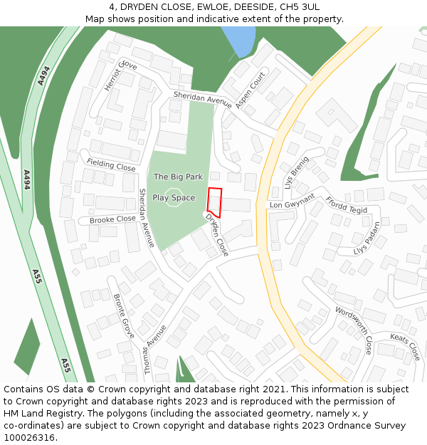 4, DRYDEN CLOSE, EWLOE, DEESIDE, CH5 3UL: Location map and indicative extent of plot