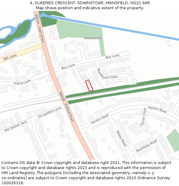 4, DUKERIES CRESCENT, EDWINSTOWE, MANSFIELD, NG21 9AR: Location map and indicative extent of plot