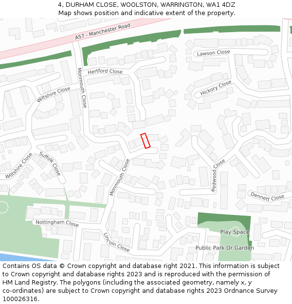 4, DURHAM CLOSE, WOOLSTON, WARRINGTON, WA1 4DZ: Location map and indicative extent of plot