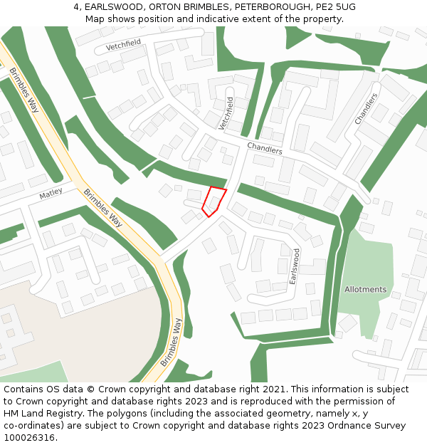 4, EARLSWOOD, ORTON BRIMBLES, PETERBOROUGH, PE2 5UG: Location map and indicative extent of plot