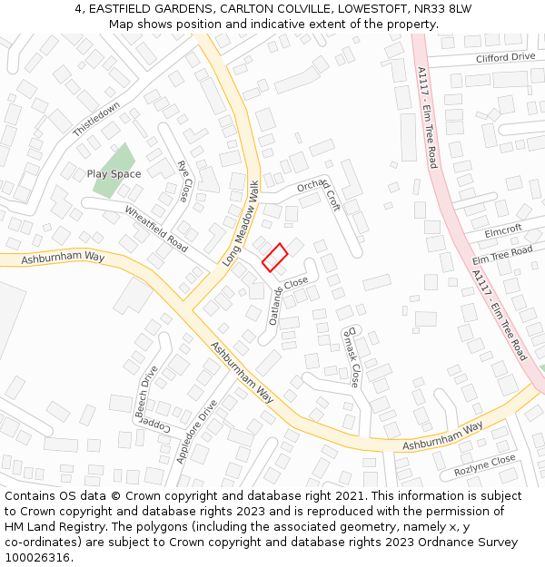 4, EASTFIELD GARDENS, CARLTON COLVILLE, LOWESTOFT, NR33 8LW: Location map and indicative extent of plot