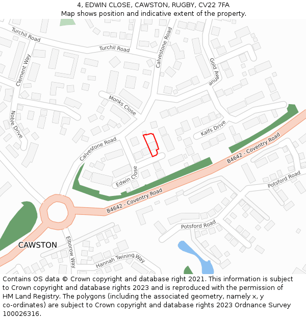 4, EDWIN CLOSE, CAWSTON, RUGBY, CV22 7FA: Location map and indicative extent of plot