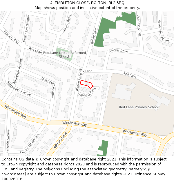 4, EMBLETON CLOSE, BOLTON, BL2 5BQ: Location map and indicative extent of plot