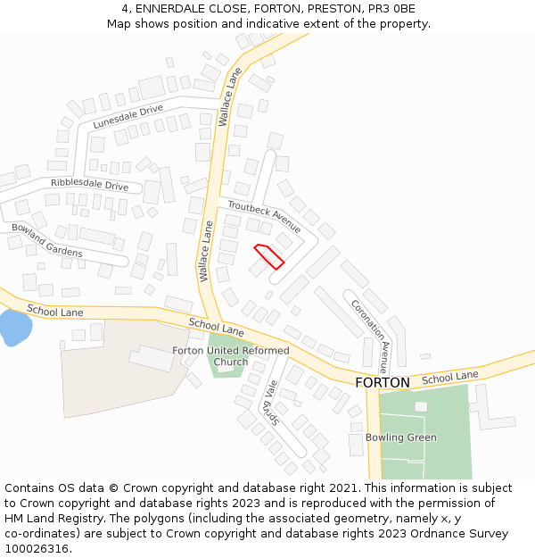 4, ENNERDALE CLOSE, FORTON, PRESTON, PR3 0BE: Location map and indicative extent of plot