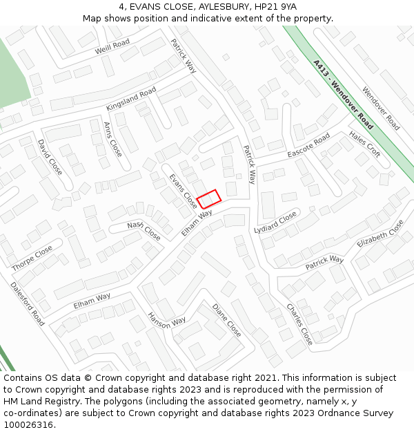 4, EVANS CLOSE, AYLESBURY, HP21 9YA: Location map and indicative extent of plot