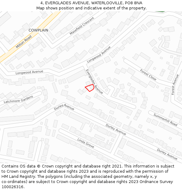4, EVERGLADES AVENUE, WATERLOOVILLE, PO8 8NA: Location map and indicative extent of plot