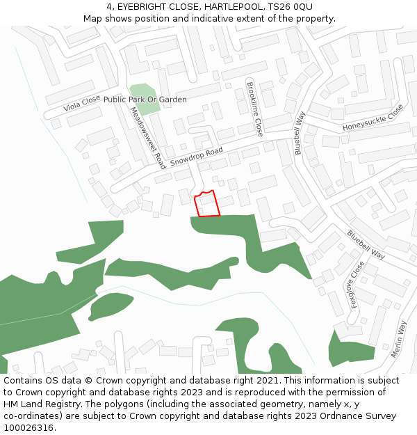 4, EYEBRIGHT CLOSE, HARTLEPOOL, TS26 0QU: Location map and indicative extent of plot