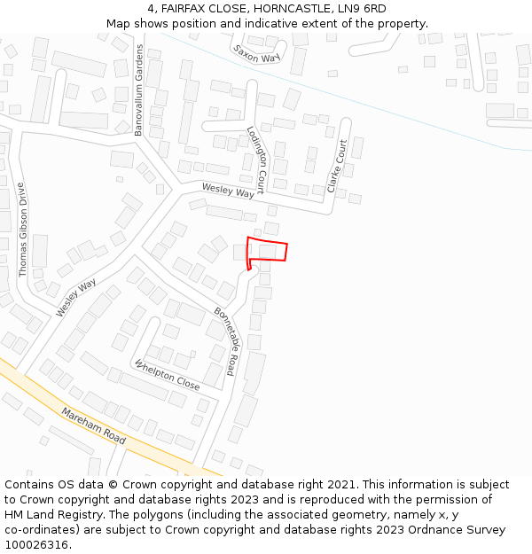 4, FAIRFAX CLOSE, HORNCASTLE, LN9 6RD: Location map and indicative extent of plot