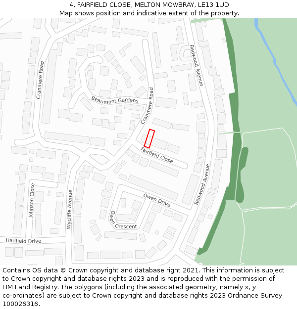 4, FAIRFIELD CLOSE, MELTON MOWBRAY, LE13 1UD: Location map and indicative extent of plot