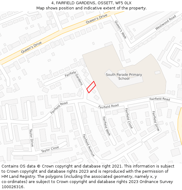 4, FAIRFIELD GARDENS, OSSETT, WF5 0LX: Location map and indicative extent of plot