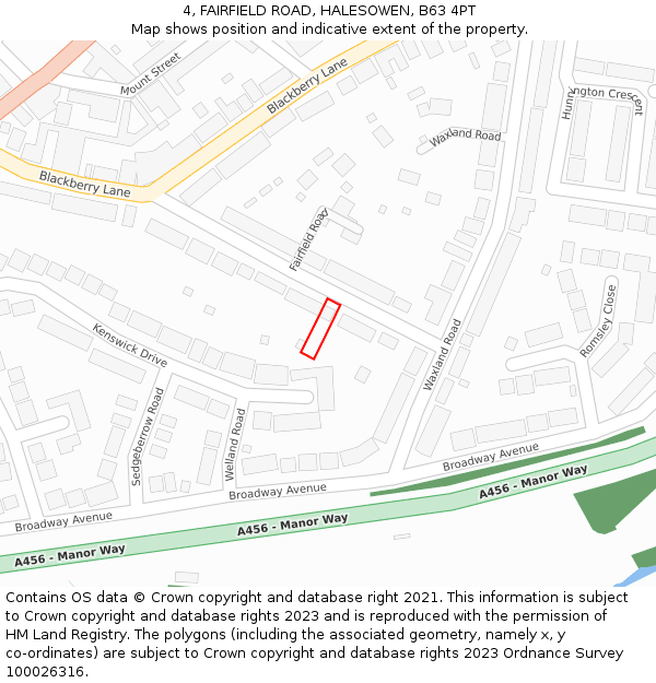 4, FAIRFIELD ROAD, HALESOWEN, B63 4PT: Location map and indicative extent of plot
