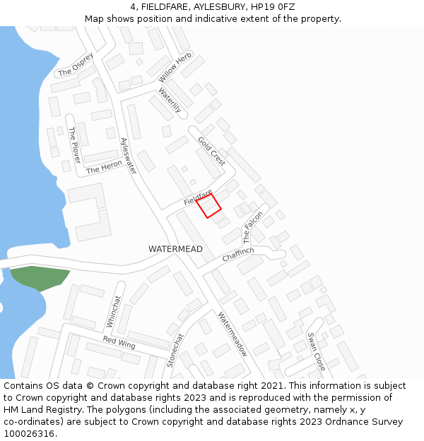 4, FIELDFARE, AYLESBURY, HP19 0FZ: Location map and indicative extent of plot